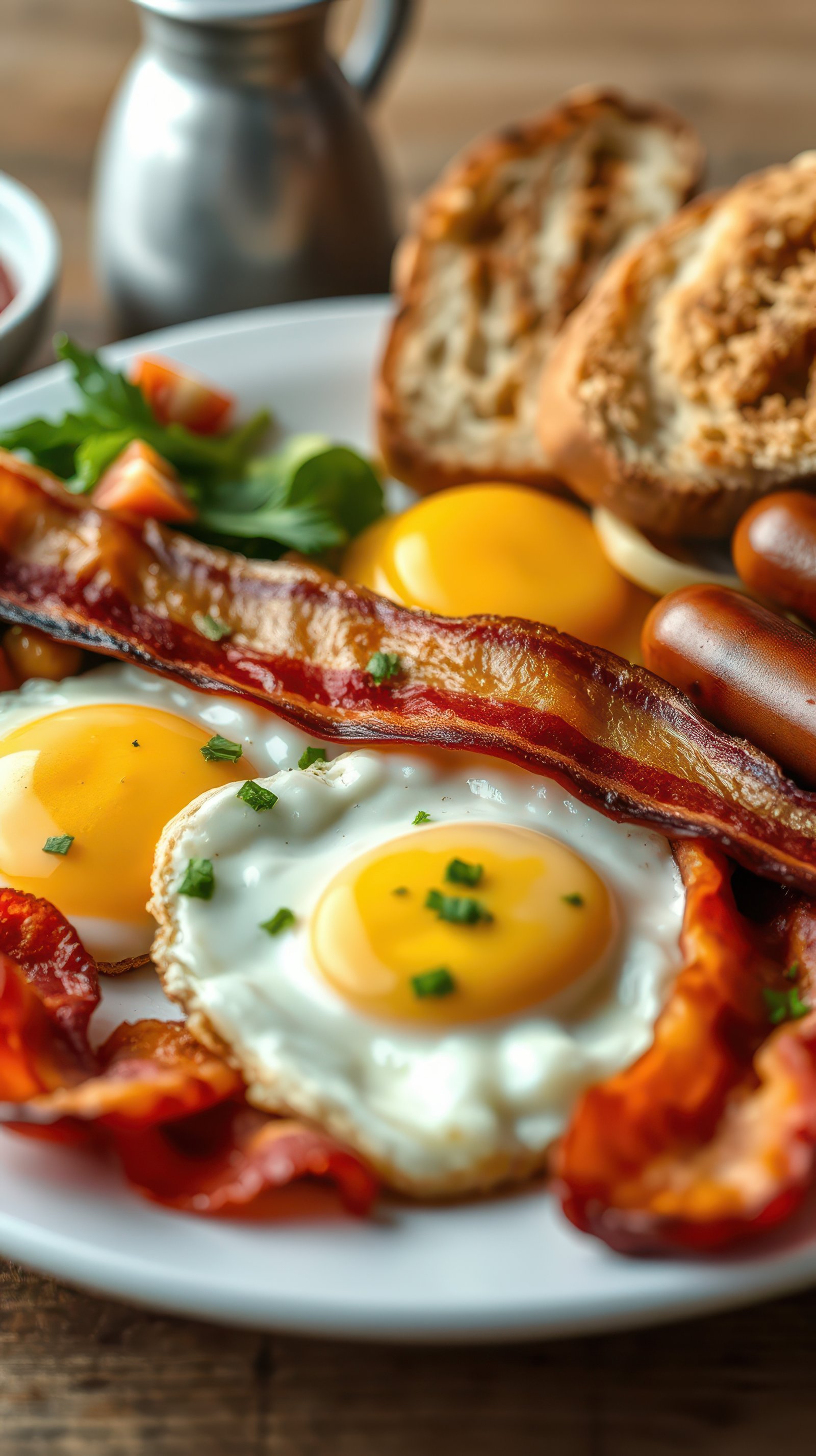 Delicious breakfast spread featuring eggs, bacon, and fresh ingredients served on a plate